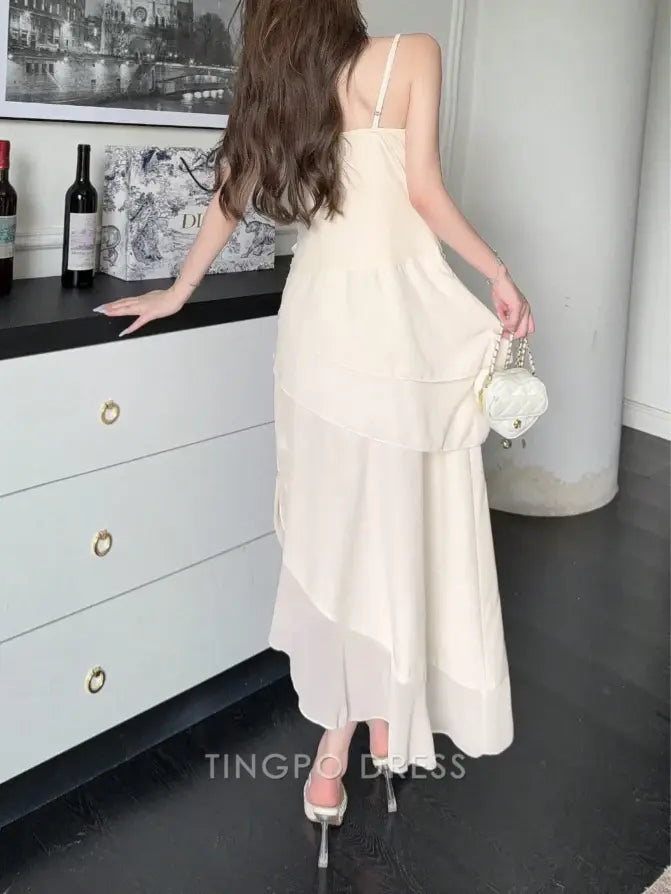 Simple Spaghetti Strap Ruched Asymmetric Ruffle Maxi Dress Prom Dress